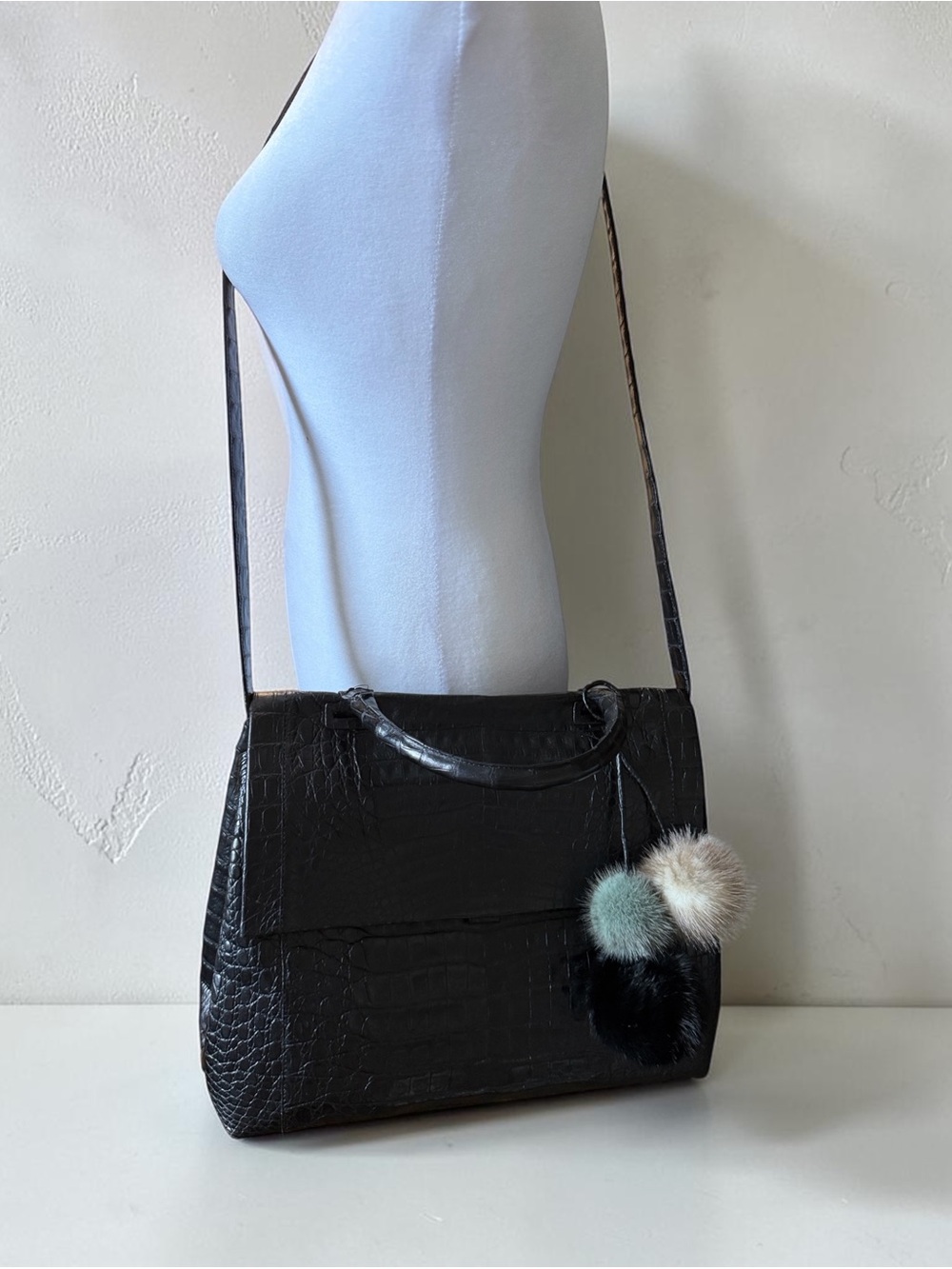 Nancy Gonzalez Black Croc-Embossed Satchel with Multicolor Mink Pom Pom Charms